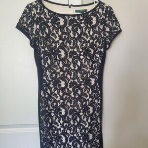 Ralph Lauren Dress Size 6 black and cream fitted lace, sheath boatneck